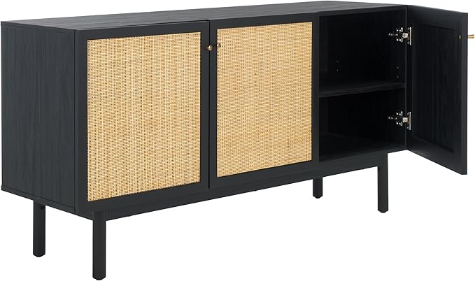 SAFAVIEH Aino TV Stand for up to 60" Flatscreen – Black with Rattan Mesh, 3 Doors with Interior Storage, Sideboard Cabinet, Entertainment Media Console (MED9618B)