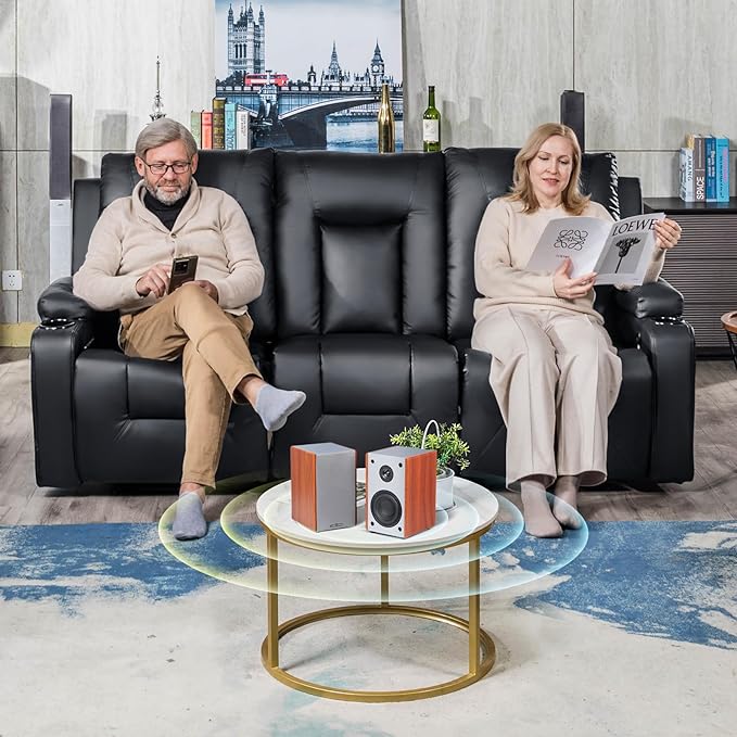 COMHOMA Furniture Bonded Leather Sofa with Massage,Cup Holder,Living Room Set Recliner Chair,3+1+1,Black