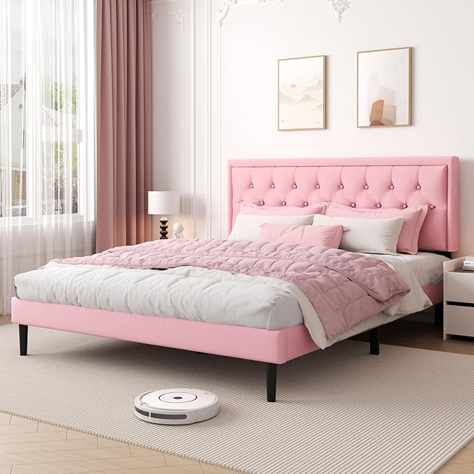 King Size Platform Bed Frame with Upholstered Velvet Button Tufted Headboard, Mattress Foundation with Wooden Slat Support, No Box Spring Needed, Easy Assembly, Noise Free, Pink