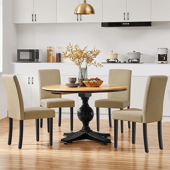 Yaheetech Dining Chairs Set of 4 Fabric Parson Upholstered Kitchen Chairs with Padded Seat and Solid Wood Legs for Dining Room/Restaurant, Armless Design, Khaki