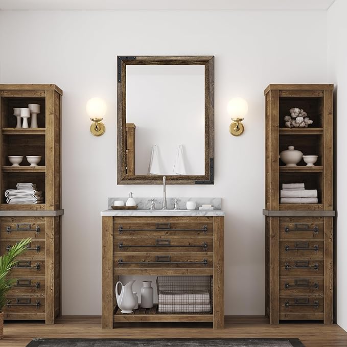 YOSHOOT Farmhouse Bathroom Mirror, Rustic Wooden Framed Mirror, Wood Vanity Mirror, Solid Wood & Handmade, Vertical or Horizontal Hanging for Bathroom Entryway Living Room Bedroom, 40" x 30", Brown
