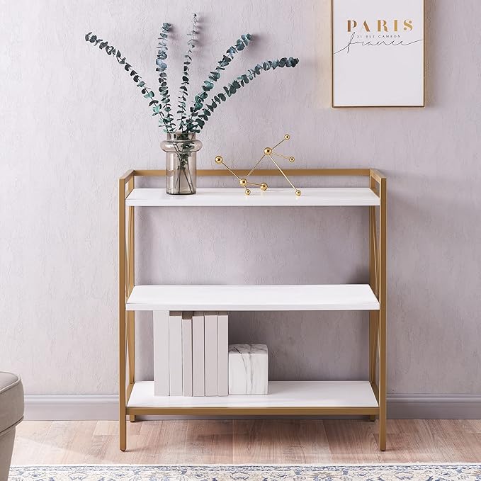 Leick Home Claudette Mixed Metal and Wood Bookshelf, White and Gold, Compact Storage for Small Spaces, 9261-WTGL