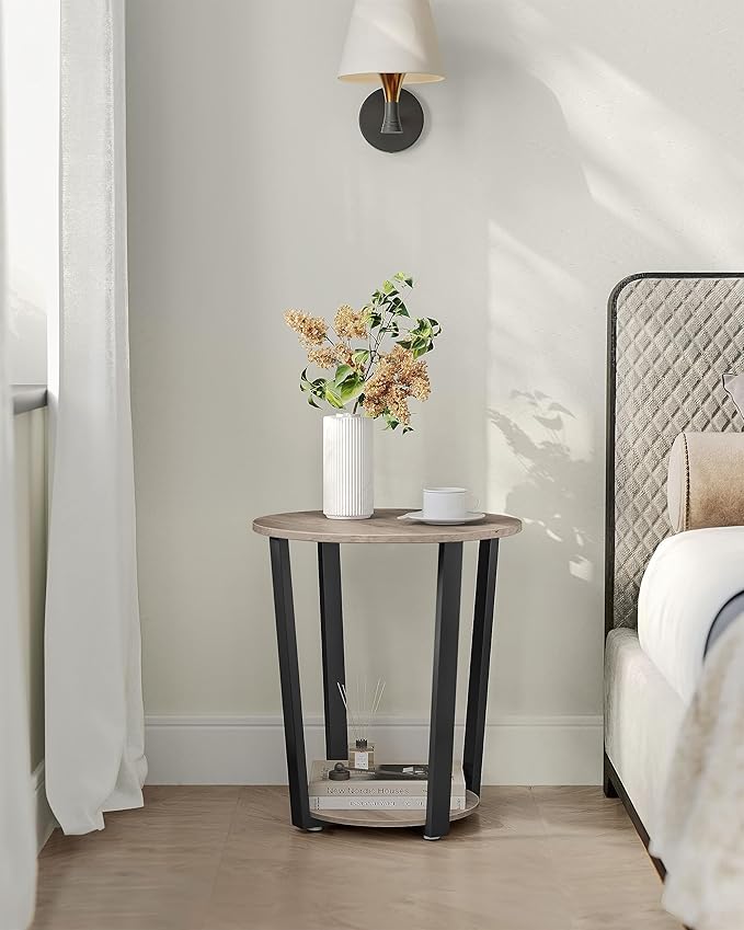 VASAGLE End Table, Round Side Table with Storage Shelf, Easy Assembly, Industrial Accent Furniture with Steel Frame, Heather Greige and Black ULET057B02
