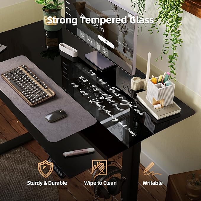 INNOVAR Glass Standing Desk with Drawers, 48×24 Inch Adjustable Stand Up Desk, Quick Install Home Office Computer Desk, Black