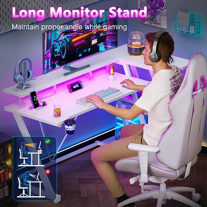 55 Inch White Gaming Desk with Power Outlet & LED Lights, L Shaped Computer Desk Gaming with 3 Tiers Storage Shelves, Reversible Corner Desk with Monitor Stand for Bedroom
