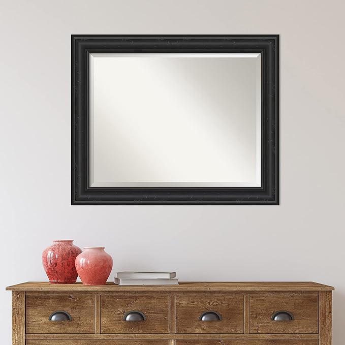 Amanti Art Black Bathroom Mirror for Over Sink, 28x34 Shipwreck Black Rectangle Vanity Mirror, Large Rustic Farmhouse Frame, Hangs Horizonally and Vertically, Bathroom Wall Decor, Beveled Edge