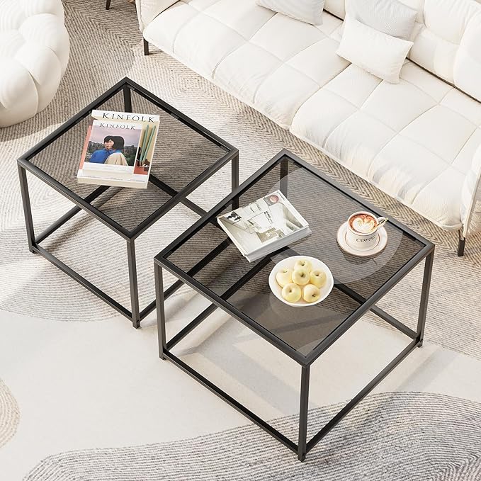 Garden 4 you Coffee Table Set of 2, Modern Glass Nesting Table, Metal Frame Square Center Table Set, Side Tables, Nesting Coffee Table for Living Room, Bedroom and Small Spaces, 23.6in Grey