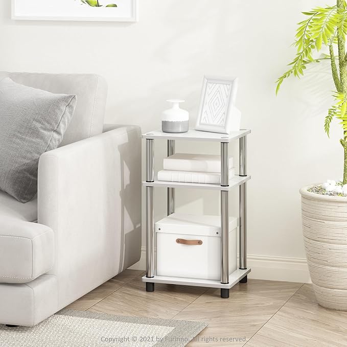 Furinno Simplistic End Side Night Stand/Bedside Table with Stainless Steel Tubes, 2-Pack, 2-Tier Poles, White Oak/Chrome
