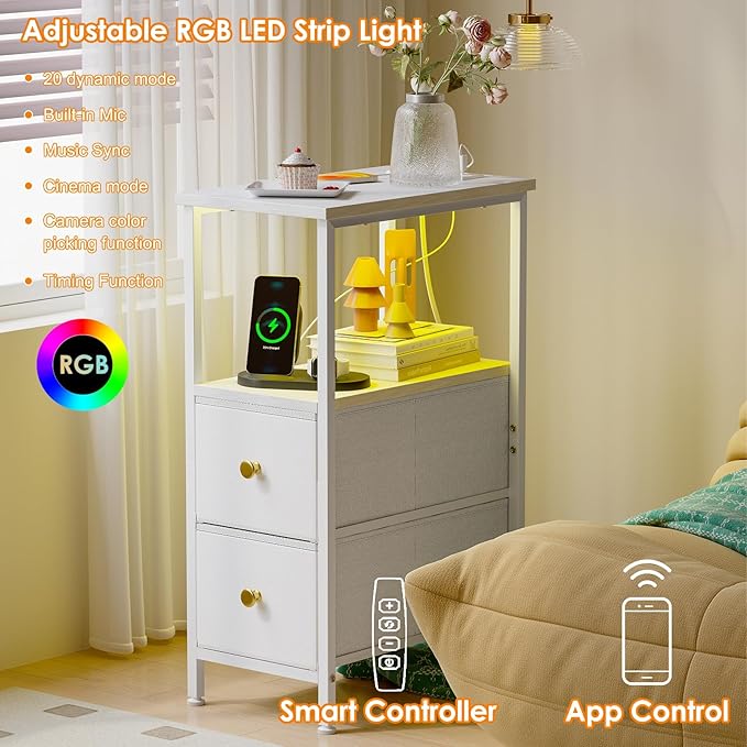 Fixwal Narrow Side Table with Charging Station and LED Light, Skinny Nightstand with 2 Fabric Drawers, Slim End Table for Bedroom, Dorm, Small Space, White