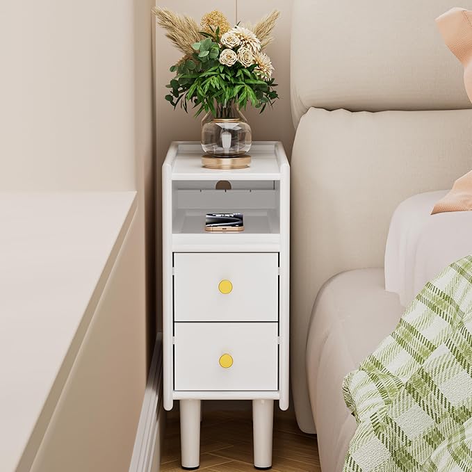 Huolewa Narrow Nightstand with 2 Drawers - Solid Wood Narrow Side Table with Open Shelf for Small Spaces, Couch, Bedroom, Living, Office - Small Bedside Table, End Tables (White, 7.87 inch)