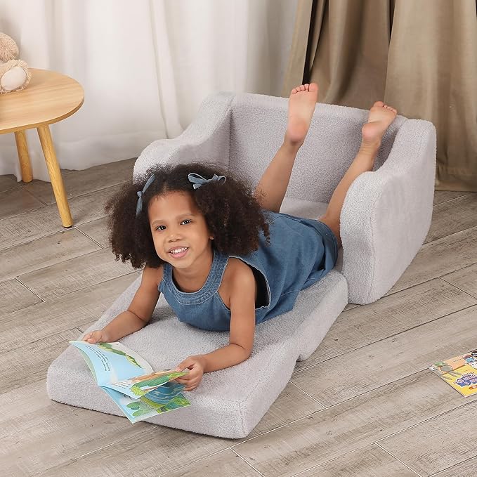 Comfy Toddler Chair, 2-in-1 Toddler Couch Fold Out, Convertible Sherpa Sofa to Lounger for Boys & Girls, Grey