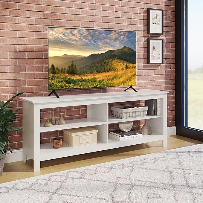Panana Modern TV Stand with 4 Open Shelves 55inch Entertainment Center for TVs up to 65inch Medial TV Console Table Cabinet for Living Room (White)
