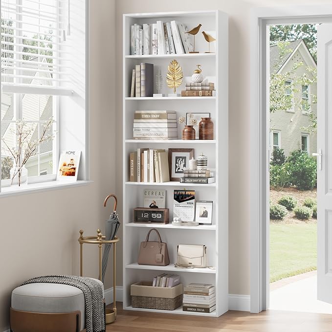 82" Tall Bookshelf, 7-Tier Open Shelves Bookcase, Freestanding Display Storage Shelves, Tall Bookcase Home Decor Furniture for Home Office, Living Room, Bedroom, White