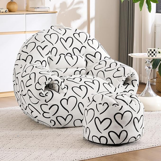DAICO Bean Bag Chairs for Adults Comfy Accent Chair with Ottoman Floor Sofa Beanbag Couchs with Armrests White Single Lazy Sofa with Foam for Living Room Reading Bedroom Gaming (Cordate Pattern)