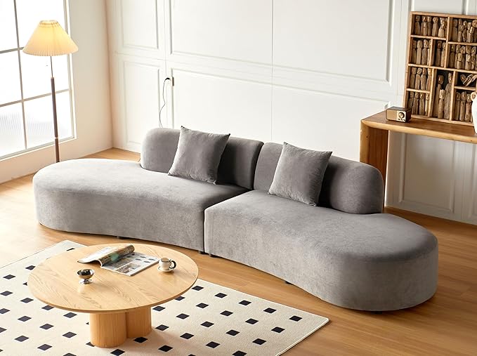 Container Furniture Direct 132" Curved Sofa with Throw Pillows, 6 Seater Luxury Velvet Couch with Half Moon Design and High-Density Foam, Ideal for Modern Living Room, Office & Apartment, Grey