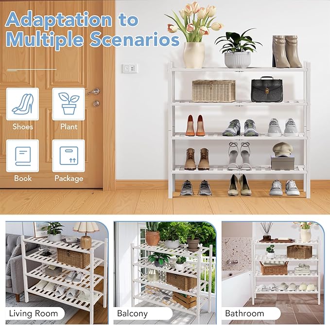 Haddockway 4 Tier Bamboo Shoe Rack Storage Organizer, Multifunctional Free Standing Stackable Shoe Shelf with Grid Panel for Closet,Hallway,Entryway,Small Space 27"x11"x26" (White, 4 Tier)