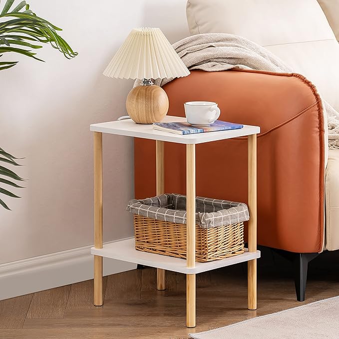Apicizon 2 Tier End Table Set of 2, Small Side Table with Solid Wood Legs, Boho Bedside Table with Storage Shelf, Nightstand for Small Spaces, Bedroom, Living Room, Entryway, White+Natural