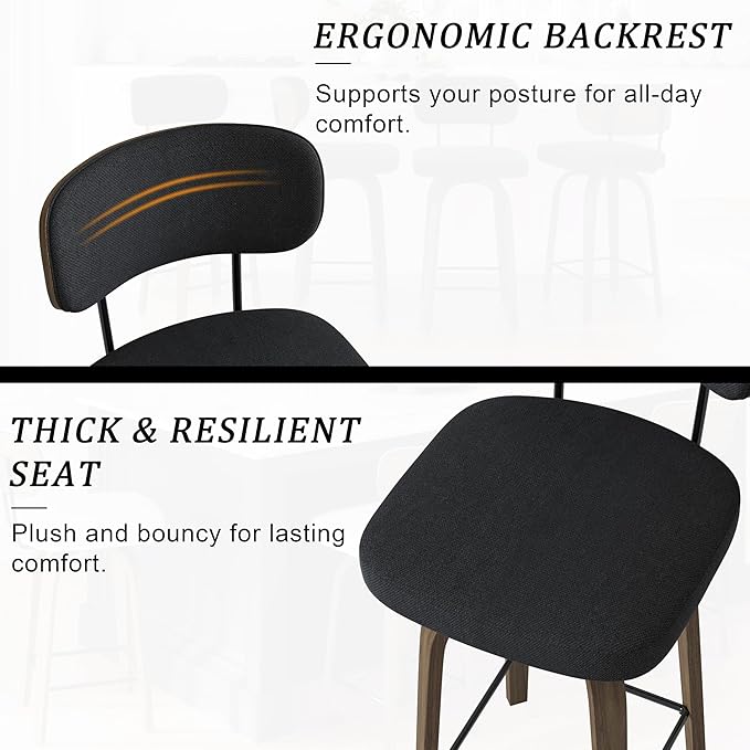 Swivel Counter Height Bar Stools with Back Set of 2, 26" Fabric Upholstered Kitchen Bar Stools with Wood Legs and Metal Footrest for Kitchen Island (Black Fabric)