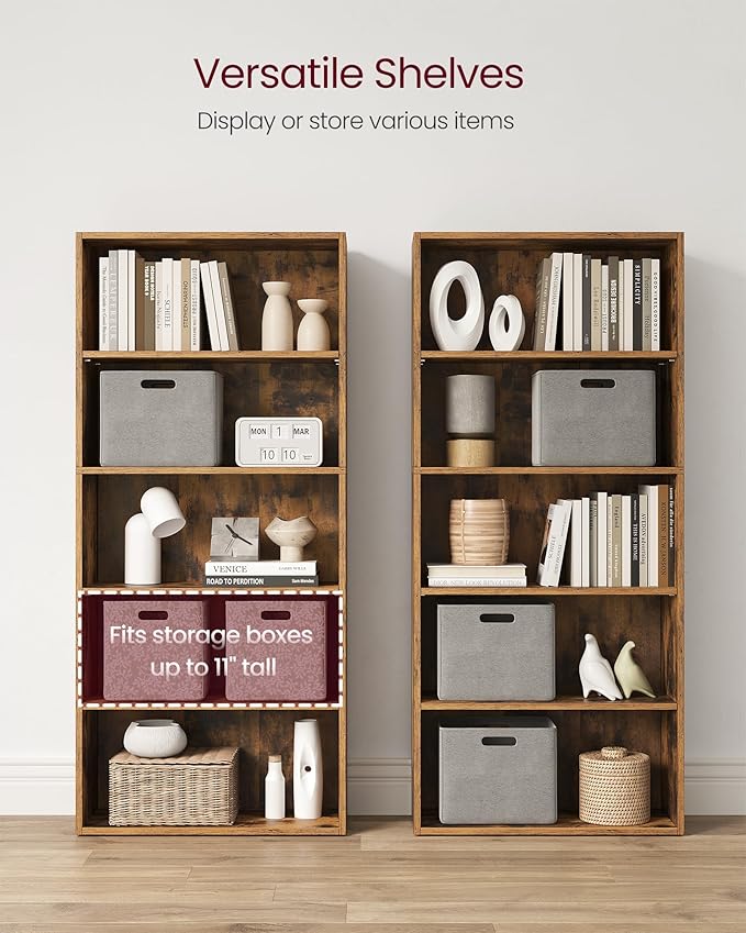 VASAGLE CUSTOS Collection - Bookshelf, 5-Tier Bookcase, Book Shelf, Open Storage Shelf, 9.4 x 23.6 x 52.8 Inches, for Living Room, Home Office, Dinning Room, Rustic Brown ULBC165X01