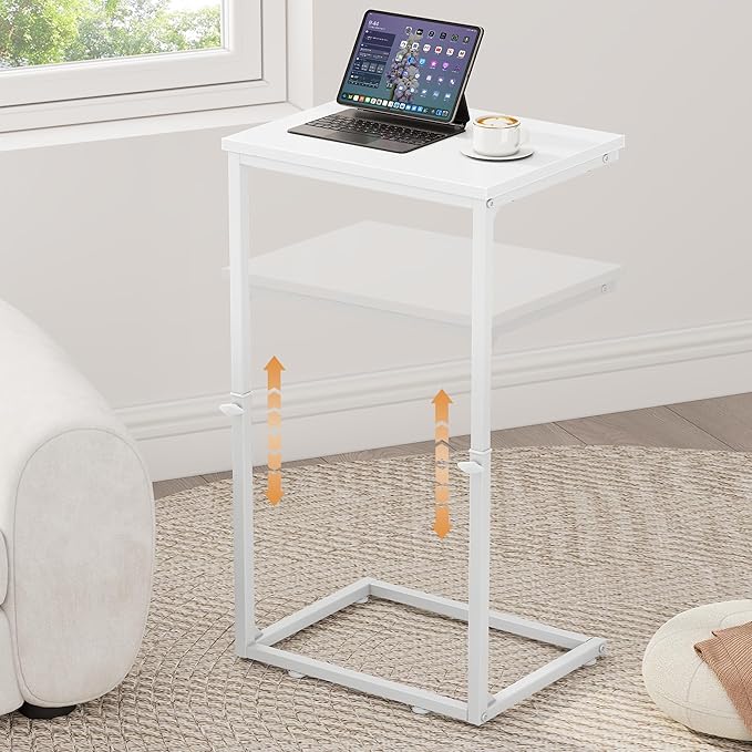 Vagusicc C Shaped End Table for Couch, 33.2'' Extra Tall C Table Adjustable Height Side Table, Small Side Table for Small Spaces, Couch Tables That Slide Under, Tv Tray Table for Living Room, White