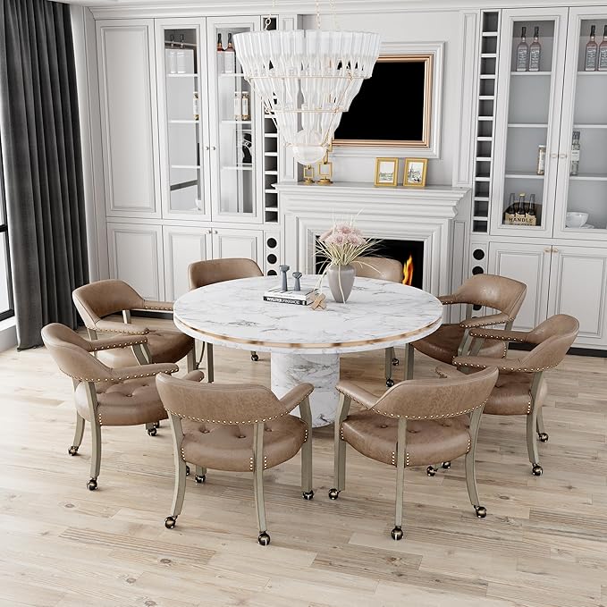 LEEMTORIG Large Dining Chairs with Casters and Arms, Rolling Dining Chairs with Wheels, Solid Wood Boss Caption's Chairs, 26" D x 25.2" W x 31.5" H, Grey Legs & Yellowish Brown Fabric SY-1318-LT