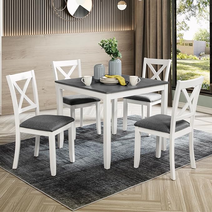 KEIKI 5-Piece Standard Height Dining Table Set with Square Table and 4 X-Shaped Backrest Upholstered Chair, for 4 Person, Modern Wooden Table Set, Easy Assembly, for Kitchen, Dining Room, White+Gray