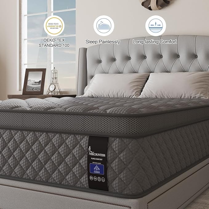 Full Mattress, 14 Inch Hybrid Mattresses Grey Euro Top Medium Firm for Back & Lumbar Support, 100 Night Trial, Individual Pocket Spring Bed for Motion Isolation & Pressure Relief