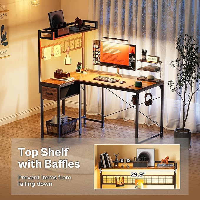 PRAISUN L Shaped Gaming Desk with Shelves, Corner Computer Table with LED Lights, Power Outlets and USB-C Ports, 42 Inch Reversible Home Office Desk with Storage Drawer, Work and Study, Rustic Brown