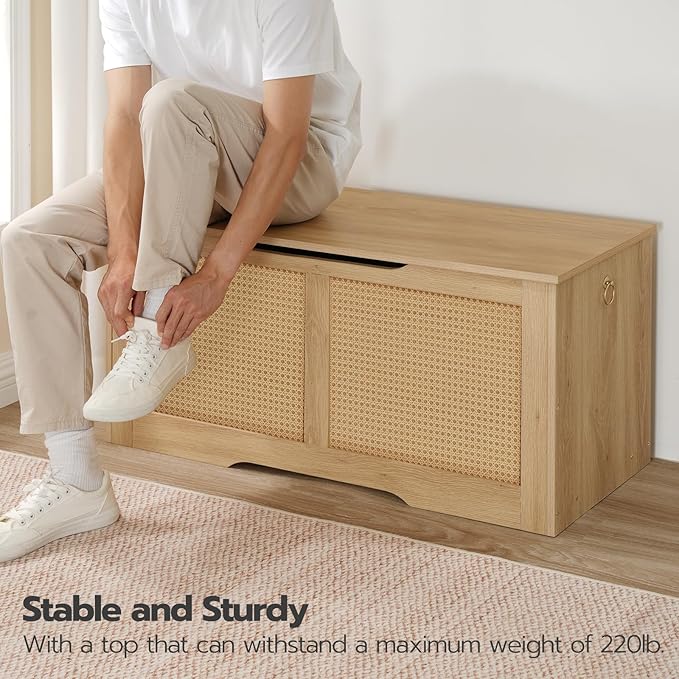 HOOBRO Storage Bench, 39.3" Toy Box, Rattan-Like Storage Chest, Sturdy Entryway Bench Supports 220 lb, Toy Chest, Safety Hinge, U-Shaped Opening, Easy Assembly, Natural NL11CW01
