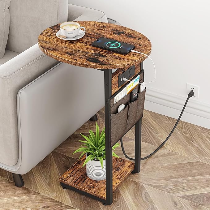 Vagusicc C Shaped End Table with Charging Station, Small Side Table for Couch, TV Tray Table Slide Under Sofa Table for Living Room Bedroom, Round Couch Side Table C Table for Sofa, Rustic Brown