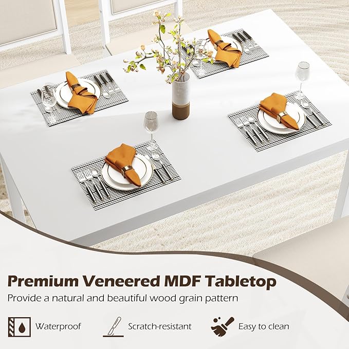 Giantex 5-Piece Dining Table Set for 4 - Breakfast Nook Table Set with Kitchen Table, 4 Upholstered Chairs, Wood Legs, Space-Saving Dinette Set, Kitchen Table Chairs Set of 4 (White+Beige)