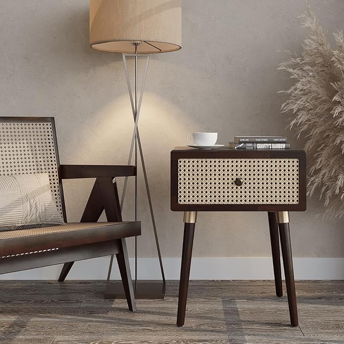 Bme Nipe Solid Wood and Rattan Nightstand, Fully Assembled, Woven Cane End Table, Bedside Table for Modern Bedroom, Boho Living Room with Tall Wood Legs Large Storage 1-Drawer, Walnut
