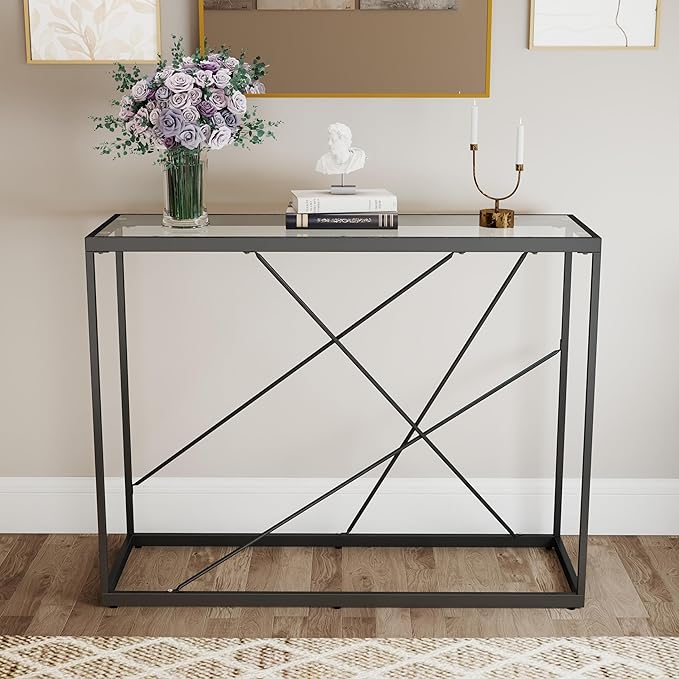 OIOG Glass Console Table for Entryway, Modern Sofa Table with Temperes Glass Tabletop and Black Frame, Black Entryway Table for Living Room, Foyer, Dining Room, Hallway, Office