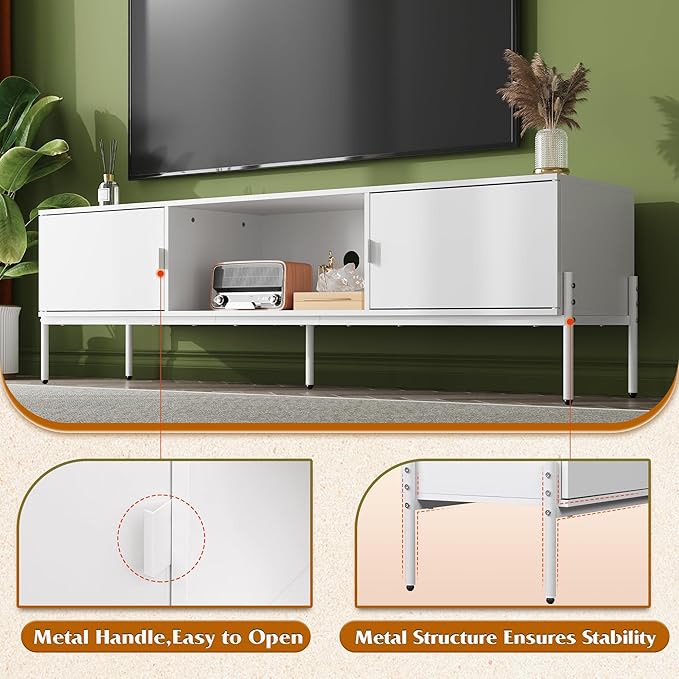 WLIVE Modern TV Stand for 65 Inch TV, Mid Century Entainment Center with Storage Cabinets, TV Console for Bedroom and Living Room, TV Cabinet with Metal Legs, White