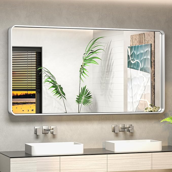 TokeShimi 48 x 24 Inch Wall Mirror Silver Bathroom Vanity Mirror with Metal Frame Aluminum Alloy Rounded Corner for Modern Farmhouse Wall Decor 1”Deep Set Design (Horizontal/Vertical)
