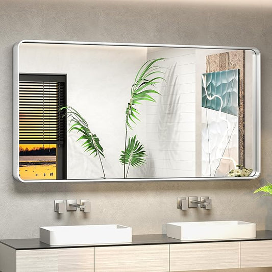 TokeShimi 48 x 24 Inch Wall Mirror Silver Bathroom Vanity Mirror with Metal Frame Aluminum Alloy Rounded Corner for Modern Farmhouse Wall Decor 1”Deep Set Design (Horizontal/Vertical)