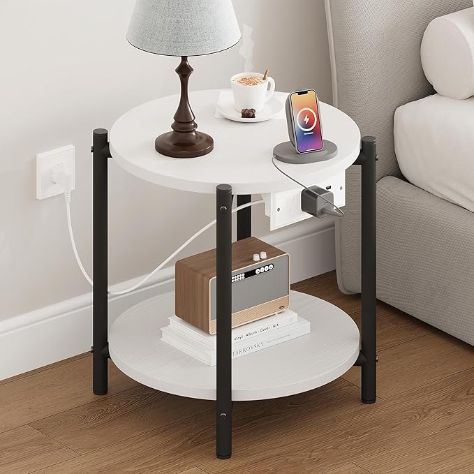 LIKIMIO Small Round End Tables Set of 2 with Charging Station, 2-Tier Wooden Side Tables, 15.8" W Modern Nightstands for Small Spaces, Living Room, Bedroom, White