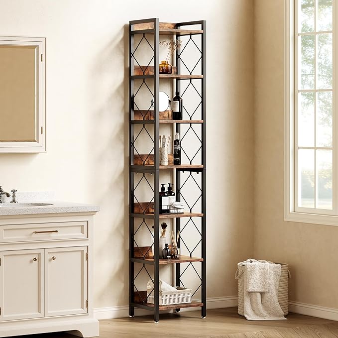 LITTLE TREE Corner Book Shelf, 78.7" Tall Narrow Bookcase, 7-Tier Skinny Wooden Display Shelves with Sturdy Metal Frame for Living Room, Modern Slim Standing Bookshelves for Office Shelf, Small Spaces