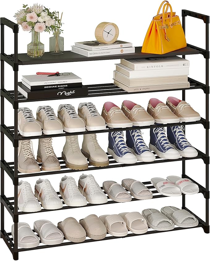 Calmootey 6-Tier Shoe Rack, Tall Large Capacity 30 Pairs Shoes Storage Organizer, Stackable Wide Shoe Shelf for Entryway, Hallway, Black