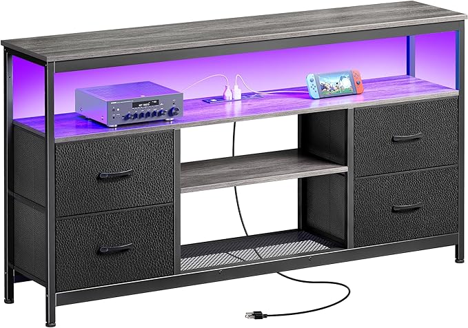 Huuger TV Stand Dresser with Power Outlets and LED Lights, 4 Drawers Entertainment Center with Shelves, 54in Media Console for 55 60 Inch TV, Dresser with PU Finish, Grey and Black