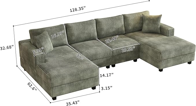 Oversized Symmetrical U Shaped Modular Sectional Sofa with Double Chaise Lounge , Reversible Corduroy Upholstered Sofa Extra Wide Deep Seat Sleeper Sofas Couches w/ 2 Pillows for Living Room Apartment