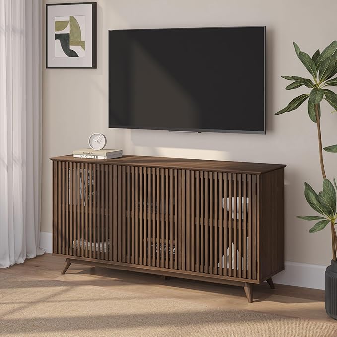 Plank+Beam Mid-Century Modern Wood TV Stand, Three Door Solid Wood Entertainment Console with Storage, 59" L x 16" W x 30" H, Walnut