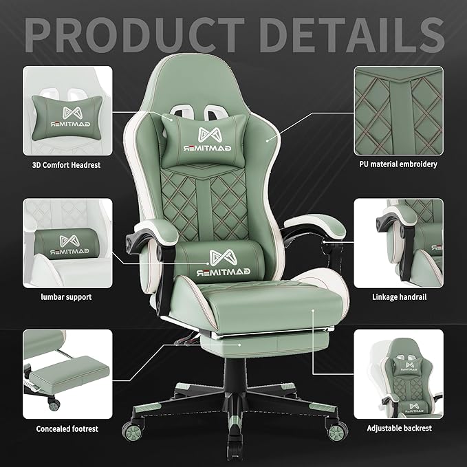 Gaming Chair, 400 lbs Adult Chair, High Back Computer Chair with Footrest and Linked Armrests, Office Video Game Chair with Lumbar Support (Green)