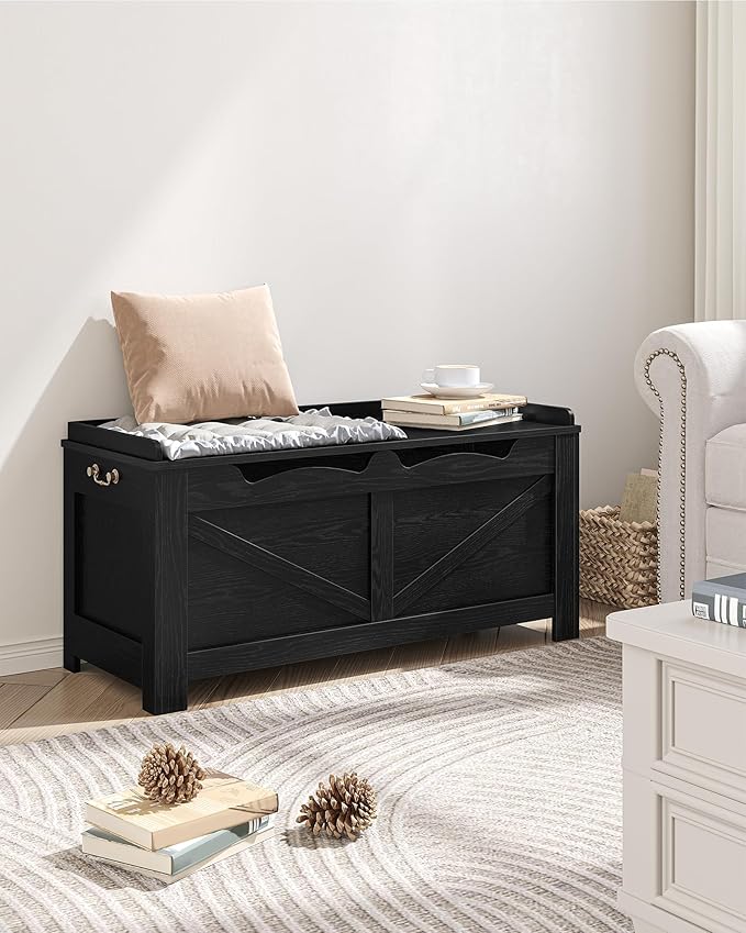 39.4" Storage Bench, Storage Chest, Lift-Top Storage Trunk with 2 Safety Hinges, Wooden Storage Box Chest Organizer for Bedroom, Entryway, Living Room, Black SB04504X