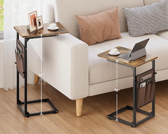 Vagusicc C Shaped End Table, 33"Tall Side Table for Couch, Adjustable Height Sofa Table Small Couch Side Tables, Slide Under Recliner TV Tray Arm Tables with Metal Frame for Living Room,Bedroom,Brown