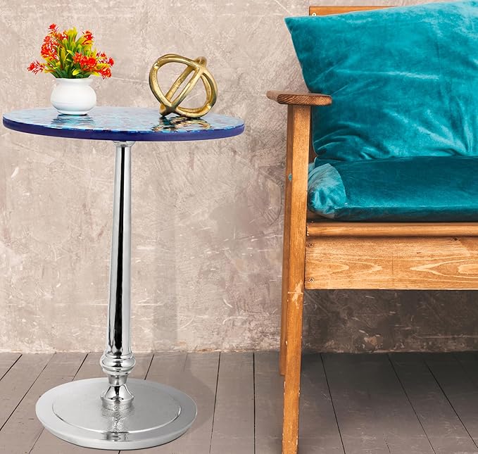 CLEENTABLE Mosaic Round End Table for Living Room & Bedroom - Artistic Coffee Side Table with Polished Aluminum Legs, Enamel-Coated Top, Lightweight Design, Easy Assembly (Blue Silver)