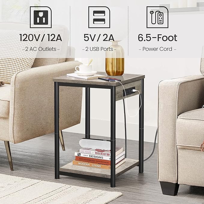 TUTOTAK Small Night Stand with Charging Station, End Table Set of 2, Side Table with USB, 21.8”H Nightstand with Storage Shelf, Sofa Couch Table TB01BG029 (2 pcs)