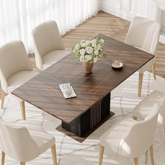 LITTLE TREE Rectangle Dining Table, Modern Kitchen Table Set for 6, Wooden Furniture with Heavy Duty Base, Modern Furniture for Home, Dining Room, Brown & Black