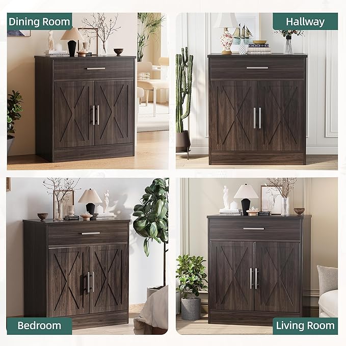 Shintenchi Farmhouse Storage Cabinets with Doors and Shelves,Kitchen Barn Door Storage Cabinet with Drawers,Coffee Bar Cabinet Buffest Sideboard for Dining Living Room,Bathroom,Entryway,Dark Brown