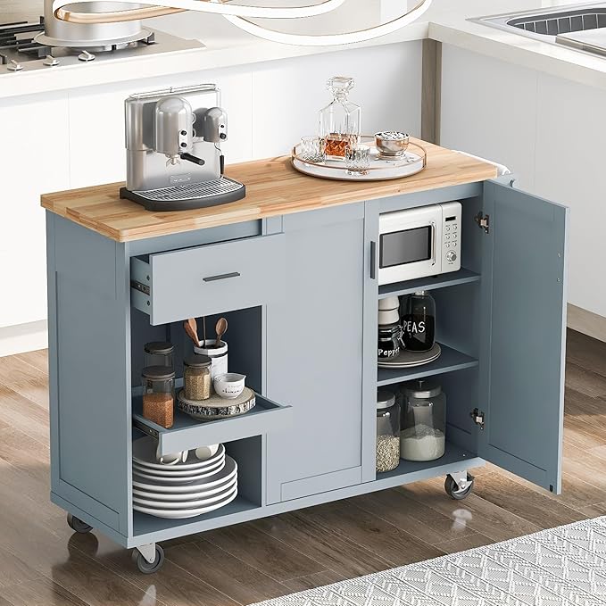 49" Kitchen Island with Foldable Counter Top,Kitchen Storage Cart W/Slide-Out Shelf,Towel Rack and Drawer,Rolling Kitchen Cart on Wheels,for Kitchen,Living Room,Dining Room,Grey Blue